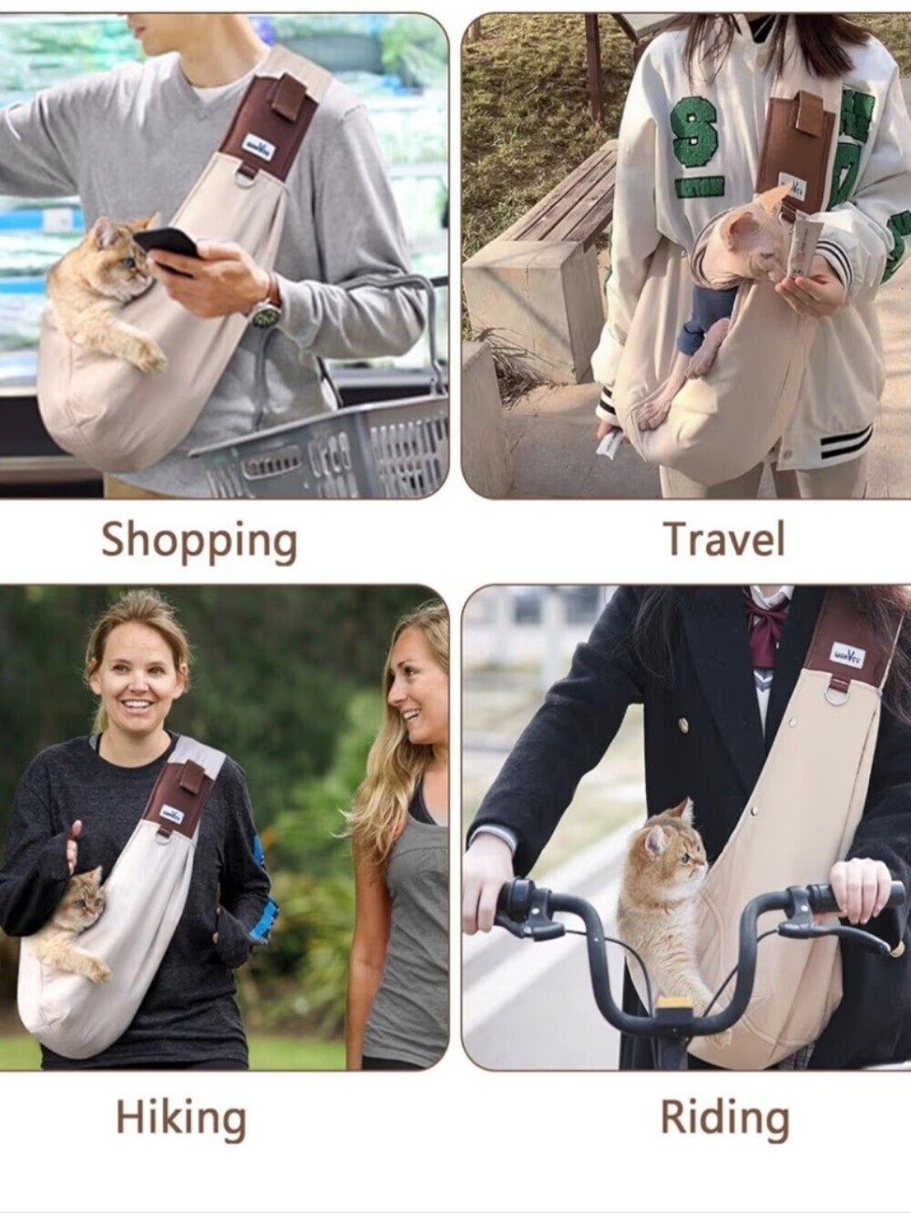 MAKYTU Beige Pet Sling Carrier with Brown Strap Small Dogs and Cats